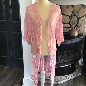 Sheer Lace Embroidery Kimono - Pink Fairycore Festival Boho